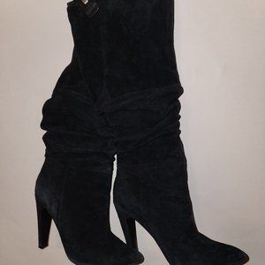 Leather Outer Black Knee Length Runched Boots